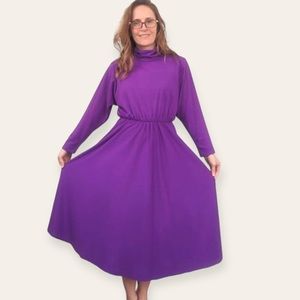 Purple Full Skirt Mock Turtleneck Dress 80s Dolman Long Sleeve Vintage 6